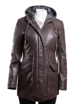 Ladies Soft Brown Hooded Leather Parka Jacket - Cordelia